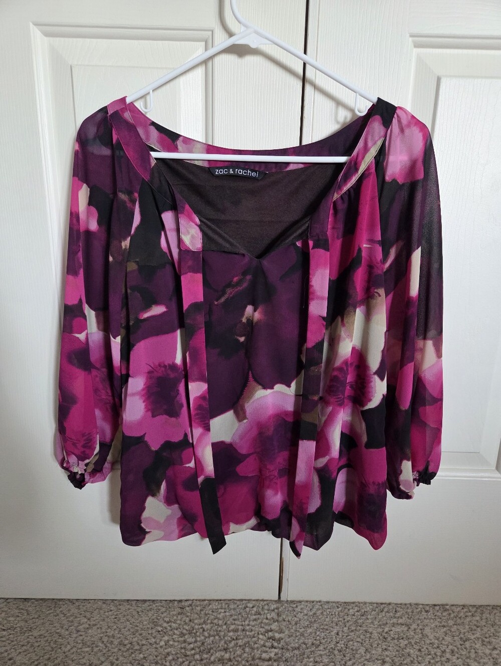 Zac & Rachel Small Fuchsia and Black Floral Tie-Neck Blouse